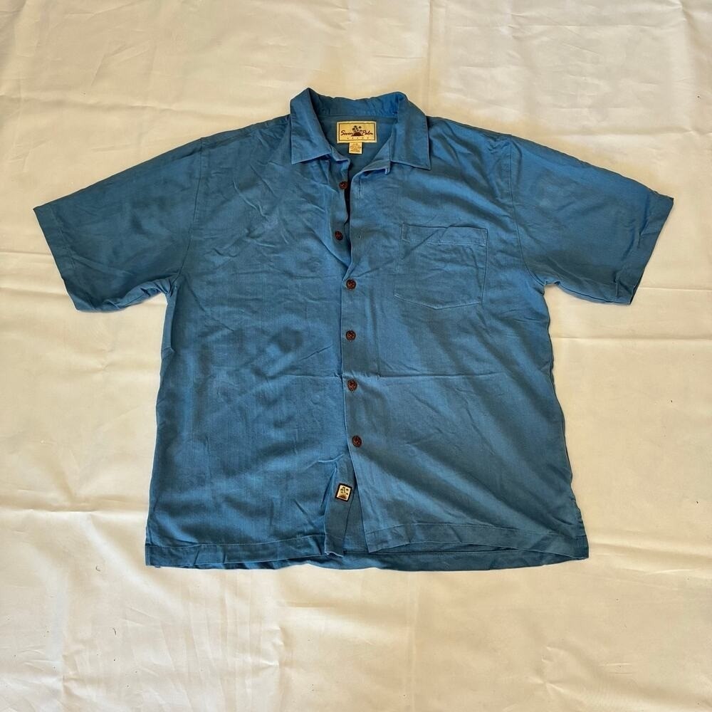 Seven Palm Button Shirt Men's Cobalt Blue 100% Silk Large Wood Button Casual - Picture 2 of 10